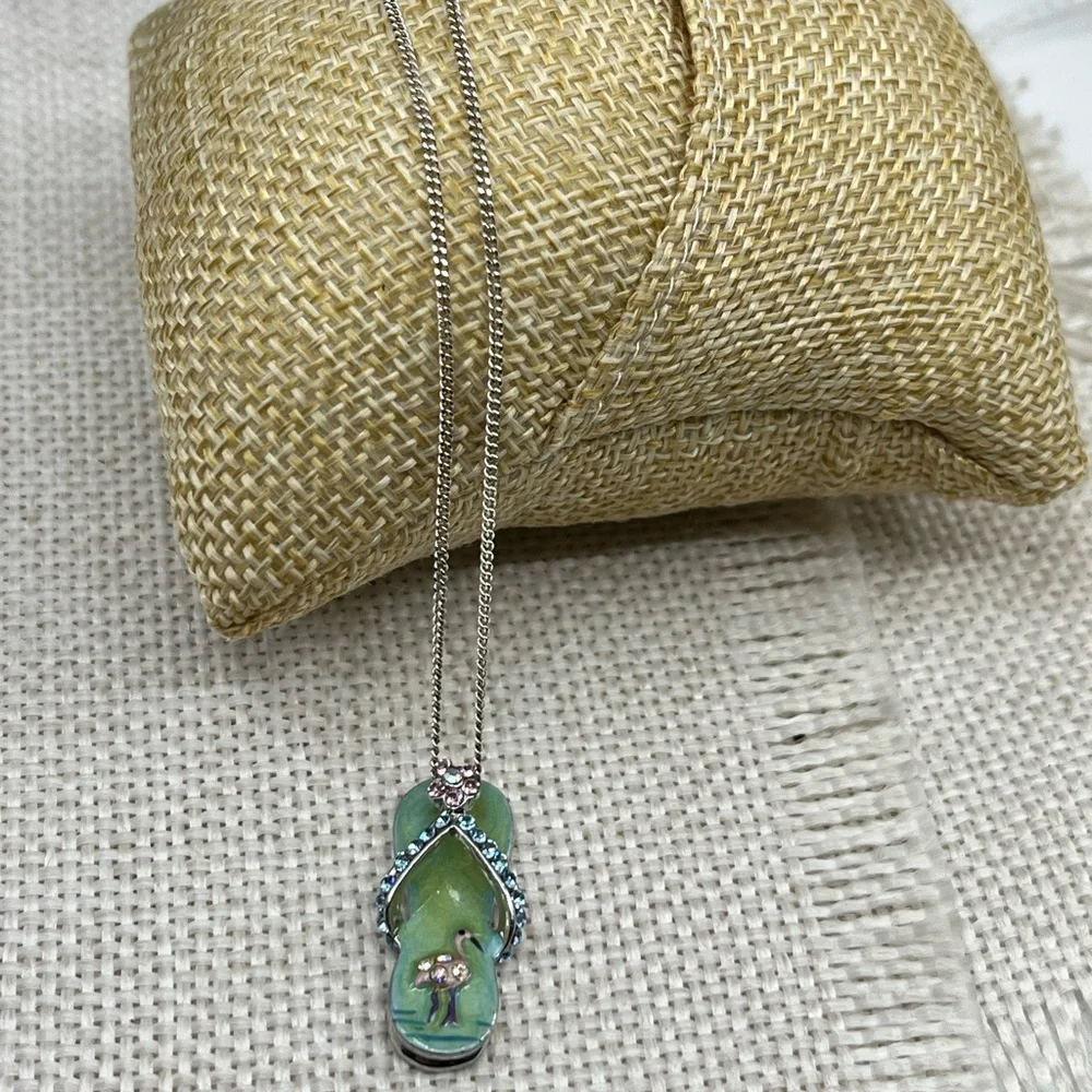 Vintage Sterling Silver Flip-Flop Pendant Necklace with Flamingo & Crystals, 18” - Picture 12 of 15